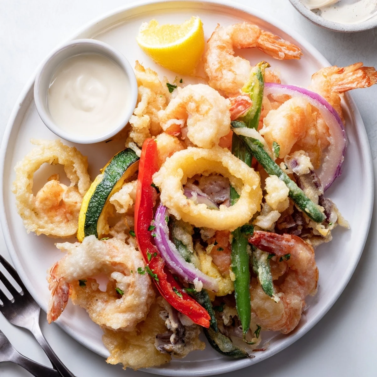 Crispy Shrimp Fritto Misto with sizzling batter, zucchini and aioli dip