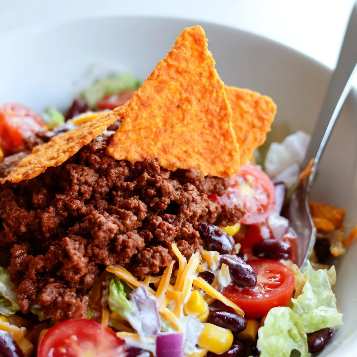 Simple Doritos Taco Salad piled high with crunchy chips and melted cheddar