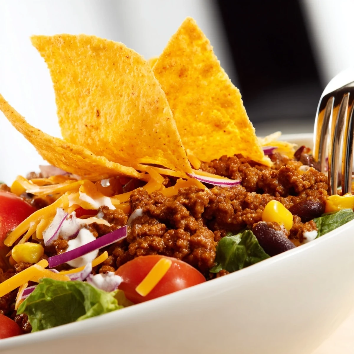 Bowl of Simple Doritos Taco Salad with zesty beef, tomatoes, and ranch