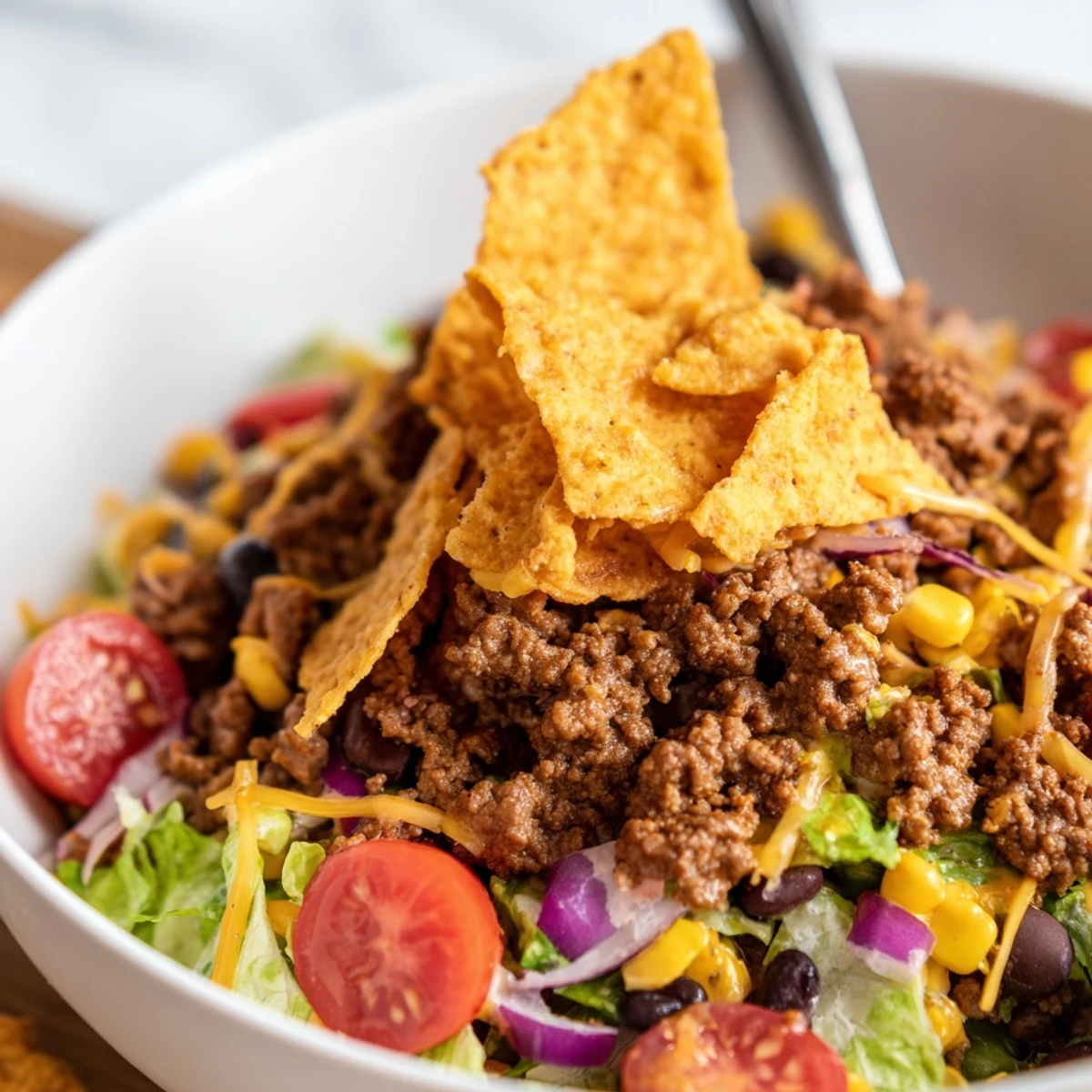 Simple Doritos Taco Salad tossed just before serving to keep chips crunchy