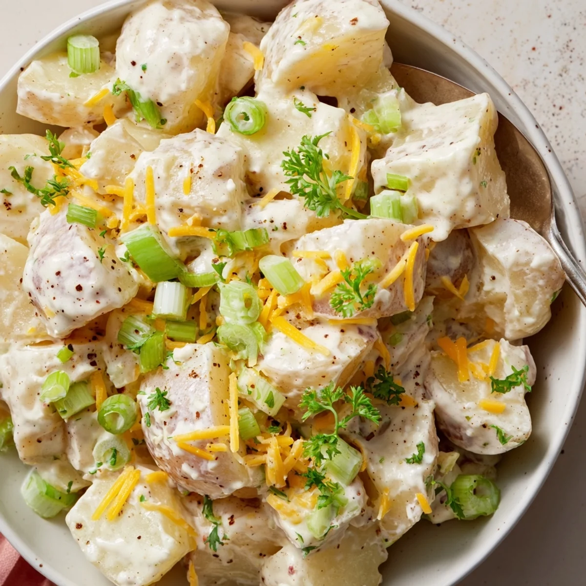 Beef Bacon Loaded Potato Salad Recipe For A Crowd Delight served warm or chilled