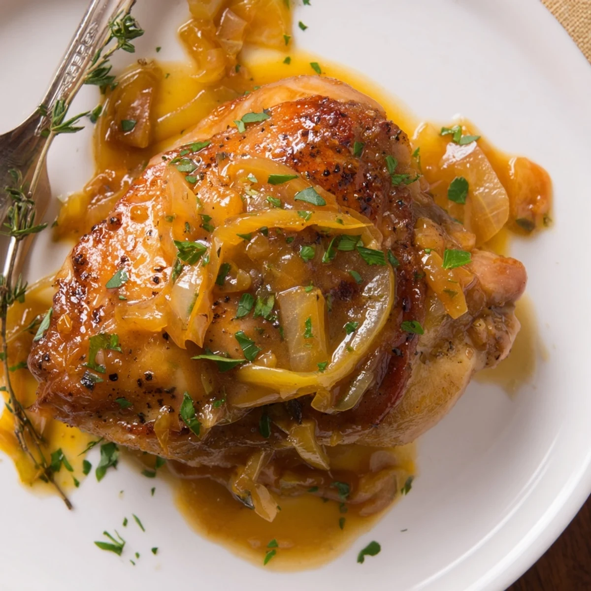 Close-up of Savory Smothered Chicken Thighs In Rich Gravy Recipe, luscious onion gravy