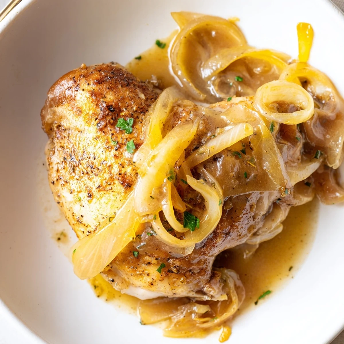 Savory Smothered Chicken Thighs In Rich Gravy Recipe in skillet, parsley garnish visible