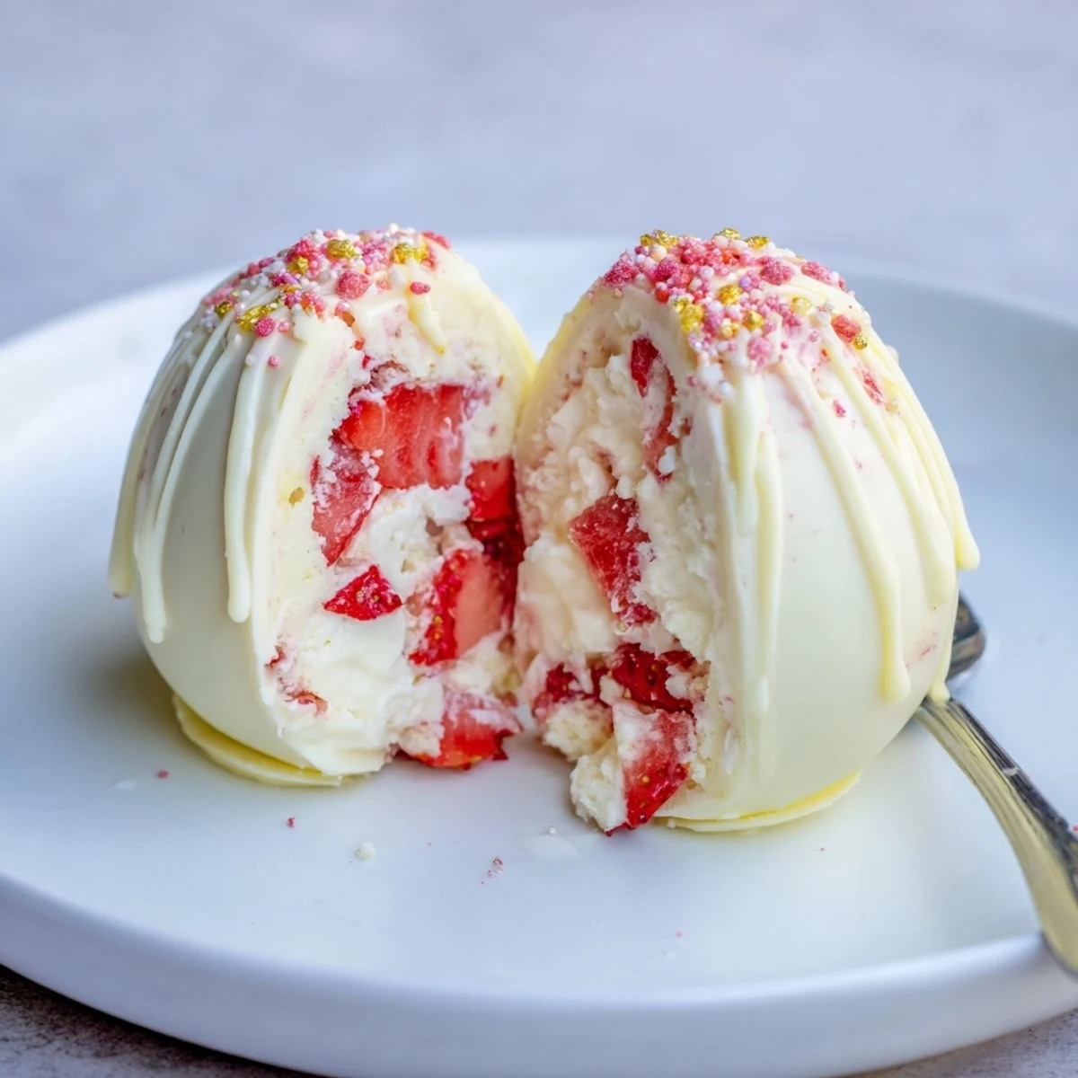 Strawberry Shortcake Easter Egg Bombs with whipped cream, crushed shortcake, and strawberries