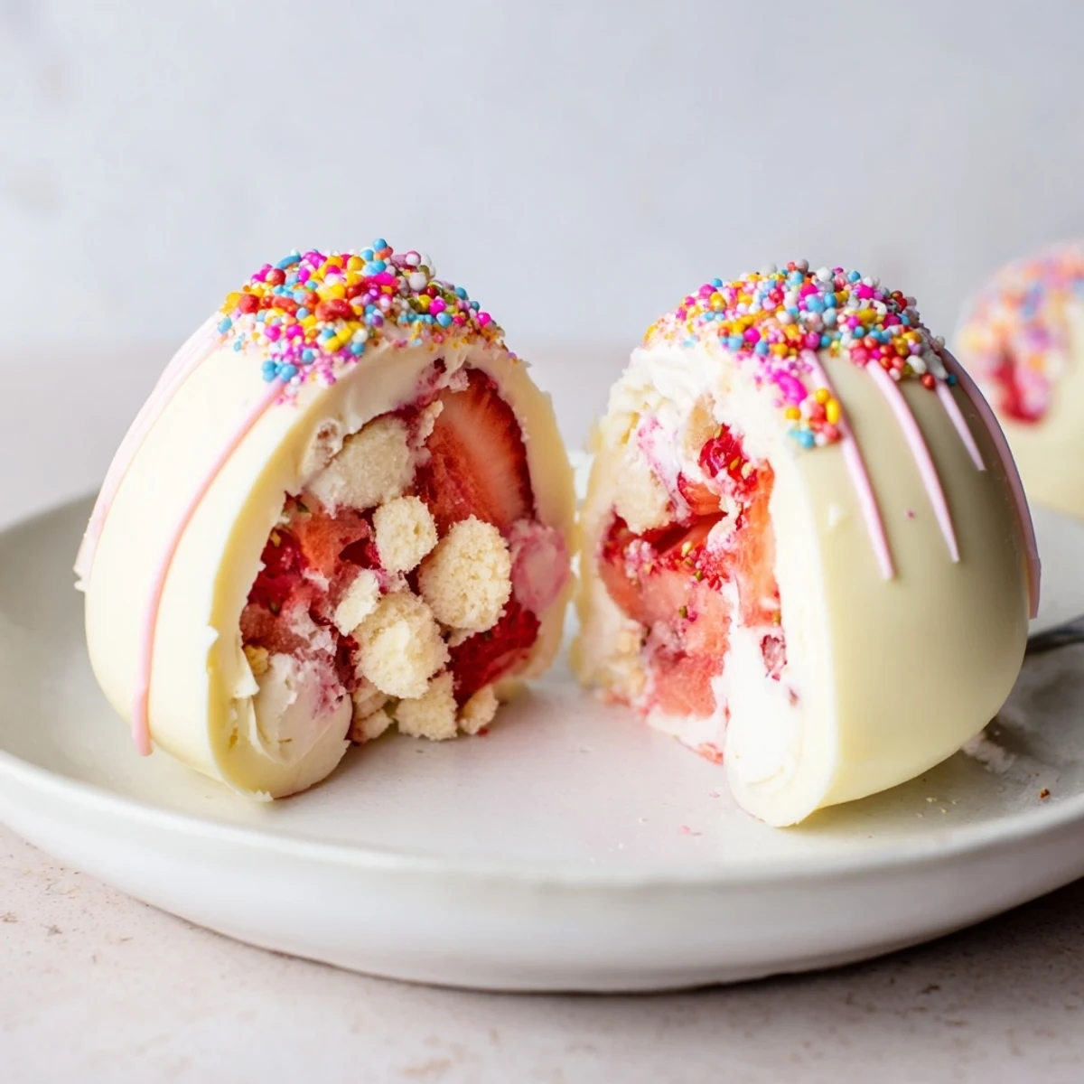 Close up of Strawberry Shortcake Easter Egg Bombs split to show creamy filling