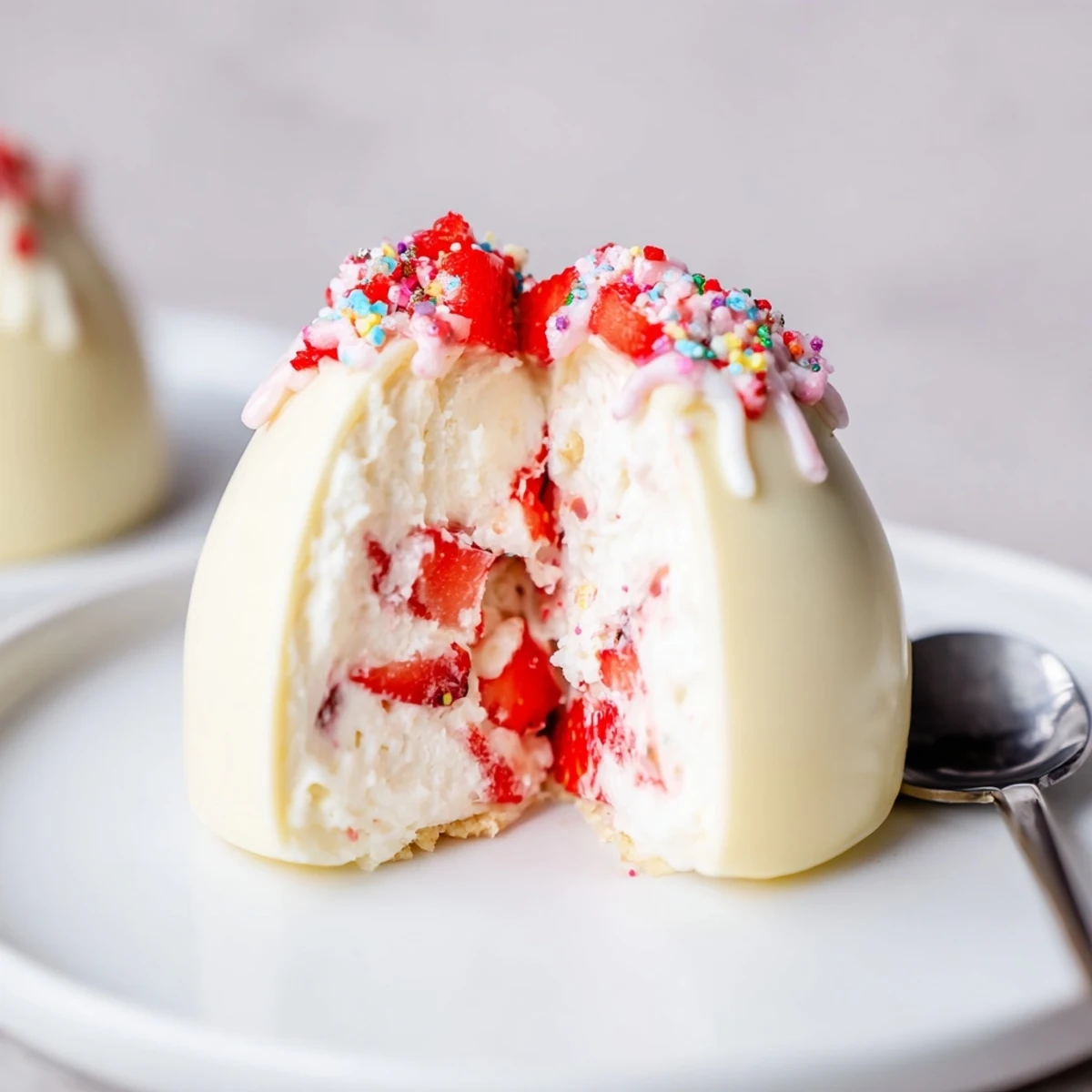 Festive Strawberry Shortcake Easter Egg Bombs drizzled with chocolate and colorful sprinkles