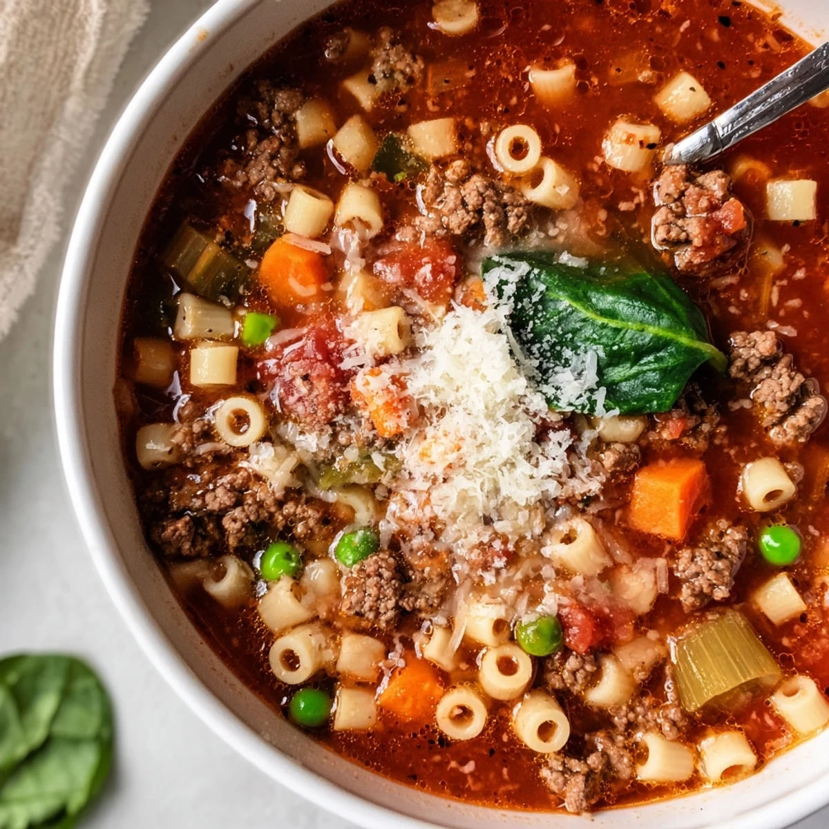 Savory aroma rising from Delicious Homemade Ground Beef Pasta Soup Recipe For Comfort