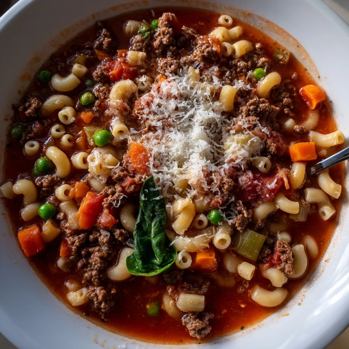 Delicious Homemade Ground Beef Pasta Soup Recipe For Comfort, steaming bowl ready to eat