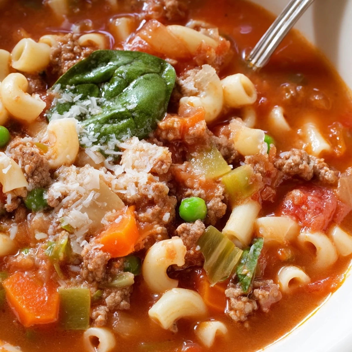 Bowl of Delicious Homemade Ground Beef Pasta Soup Recipe For Comfort garnished with Parmesan