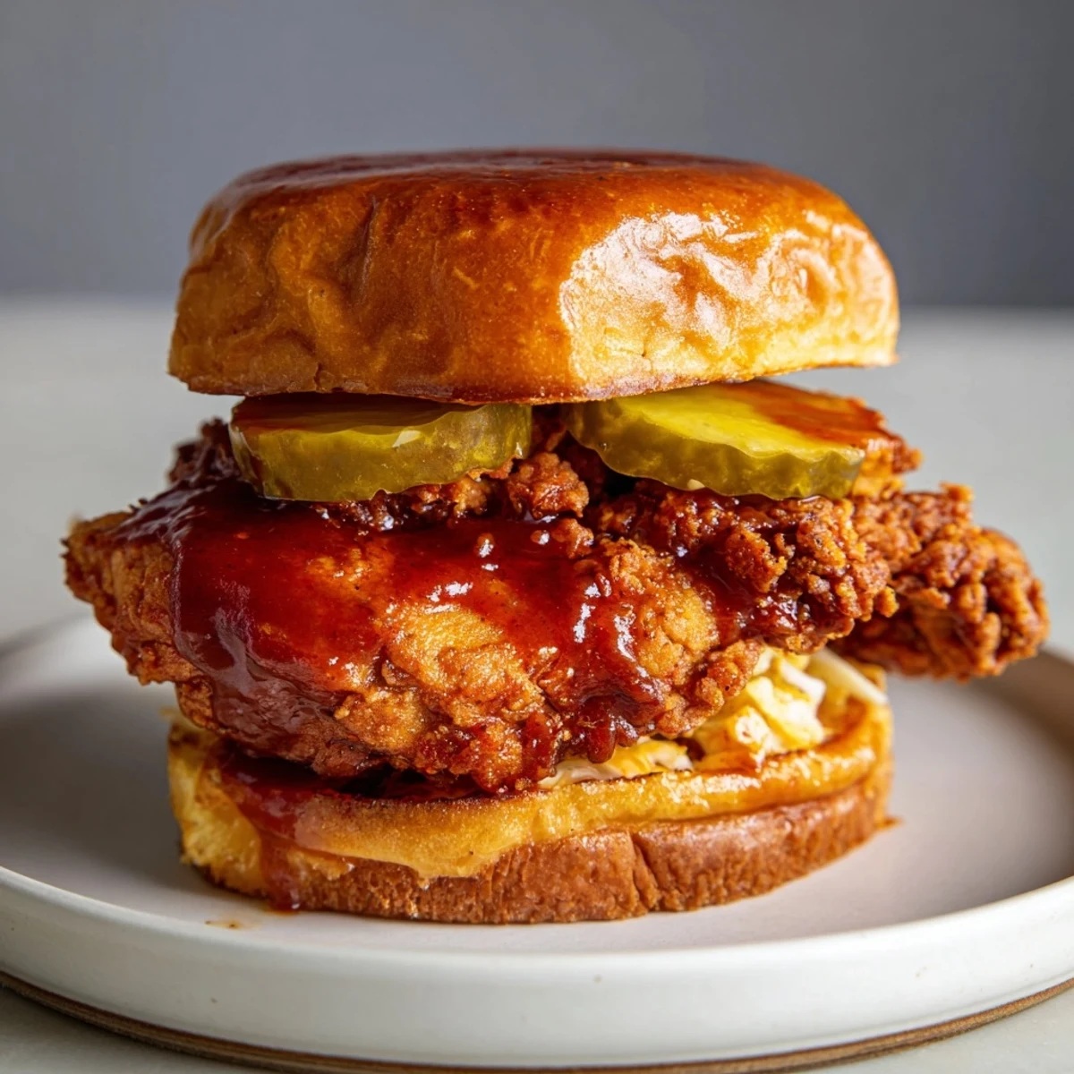 Spicy Nashville Hot Chicken Sandwiches glistening with sauce, crispy thighs and creamy slaw