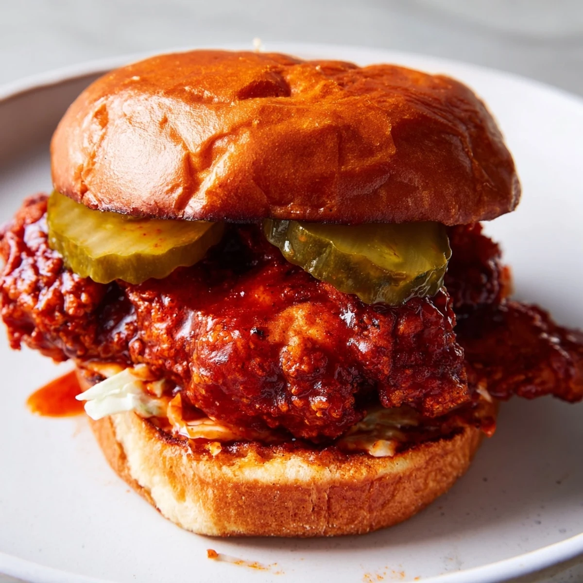 Spicy Nashville Hot Chicken Sandwiches piled high, fiery coating, crunchy golden crust