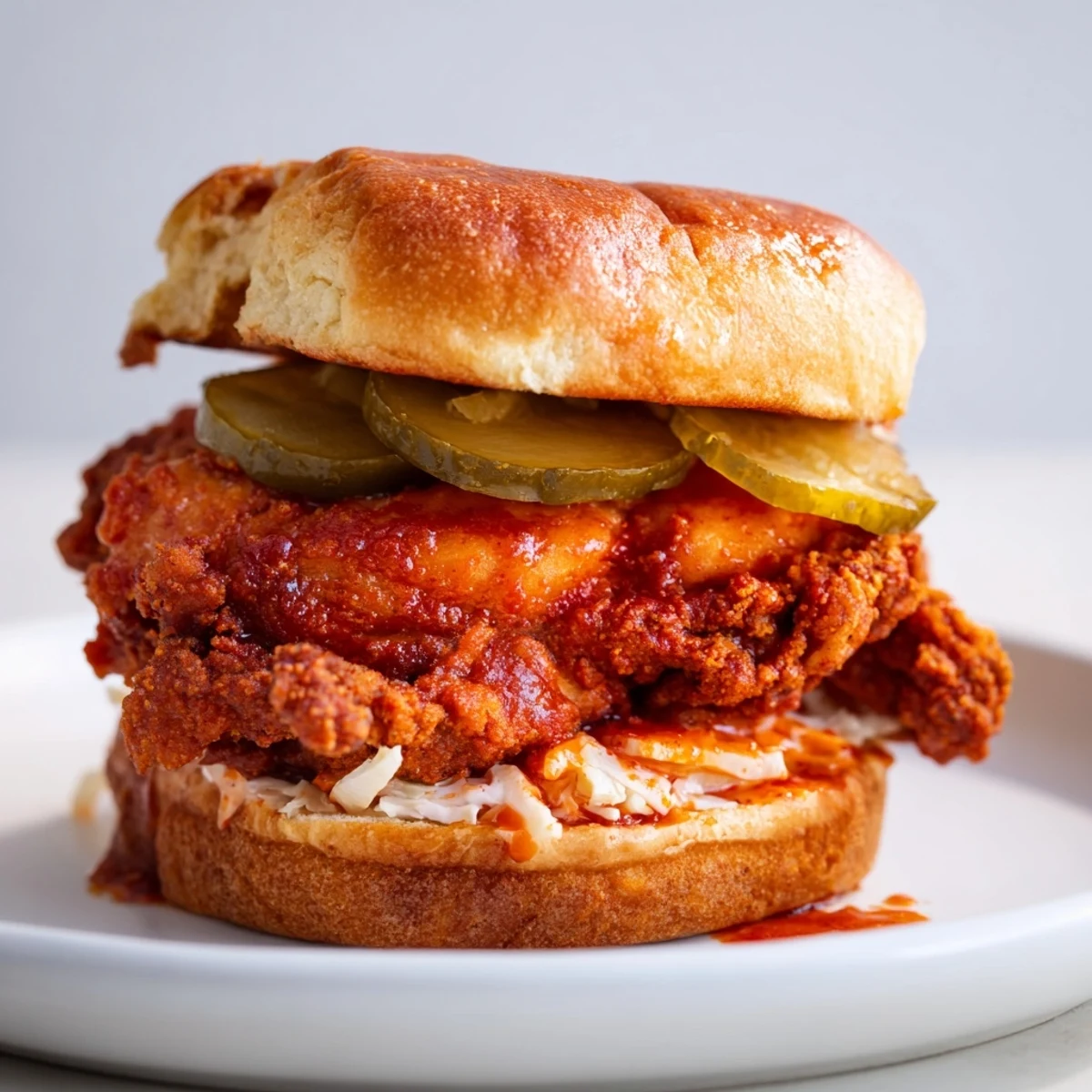 Spicy Nashville Hot Chicken Sandwiches served on buttered brioche with tangy pickle chips