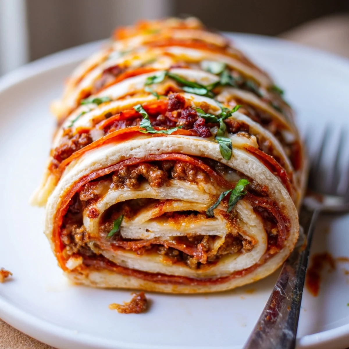 Family-style Cheesy Beef Pepperoni Pizza Roll Ups Snack Recipe, gooey cheese, basil garnish