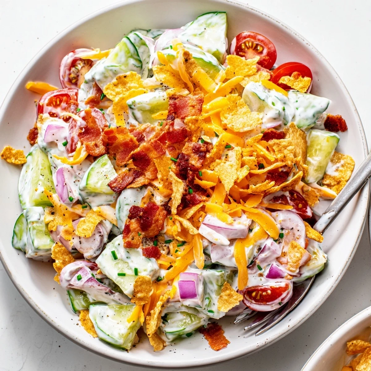 Cucumber Ranch Crack Salad loaded with crunchy chips, smoky bacon, creamy dressing