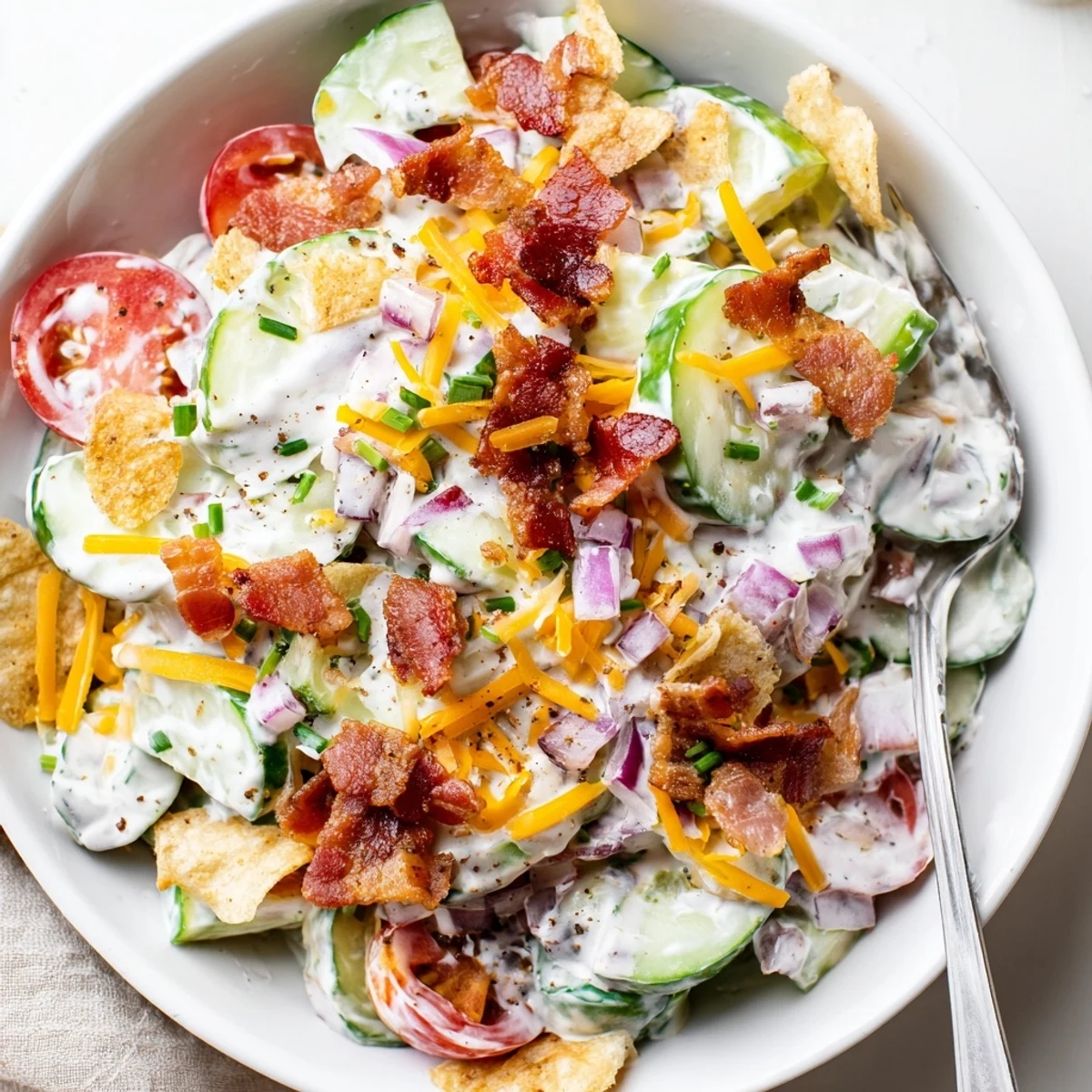 Bowl of Cucumber Ranch Crack Salad with juicy tomatoes, crisp cucumber bites