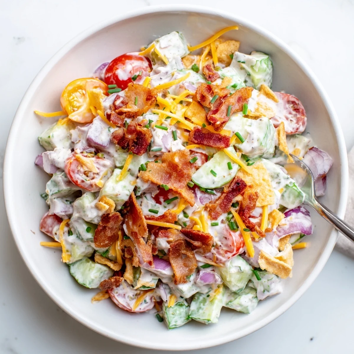Bright Cucumber Ranch Crack Salad recipe topped with cheddar, chives, picnic ready crunch