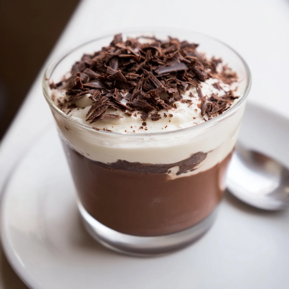 Chilled Triple Chocolate Mousse Cups topped with shaved chocolate, ready to serve