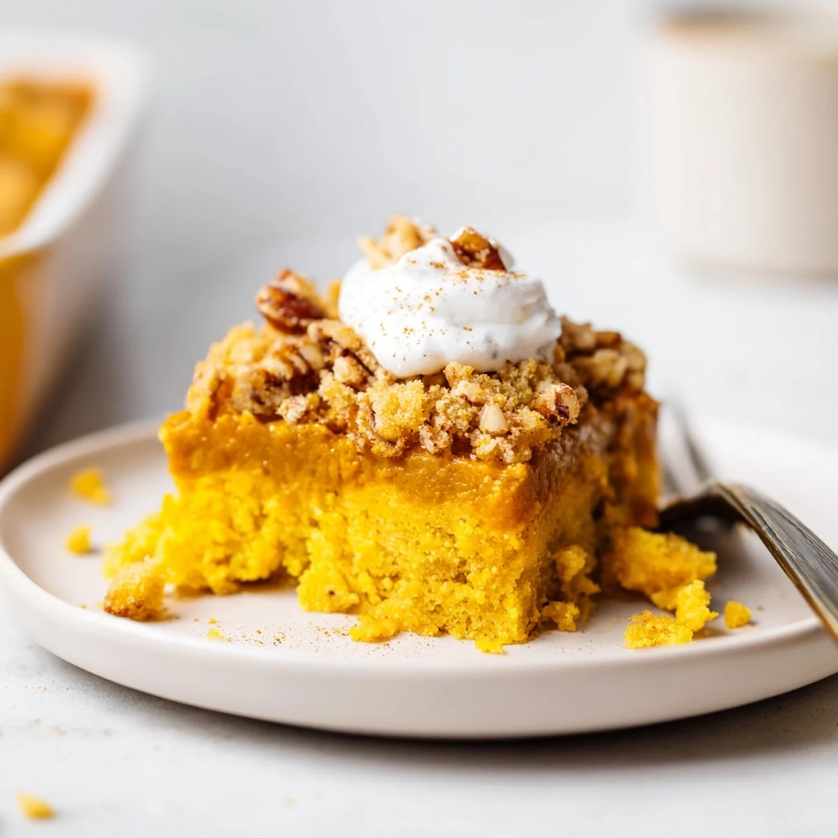 Warm Pumpkin Dump Cake with golden pecan topping, steam rising, served with whipped cream