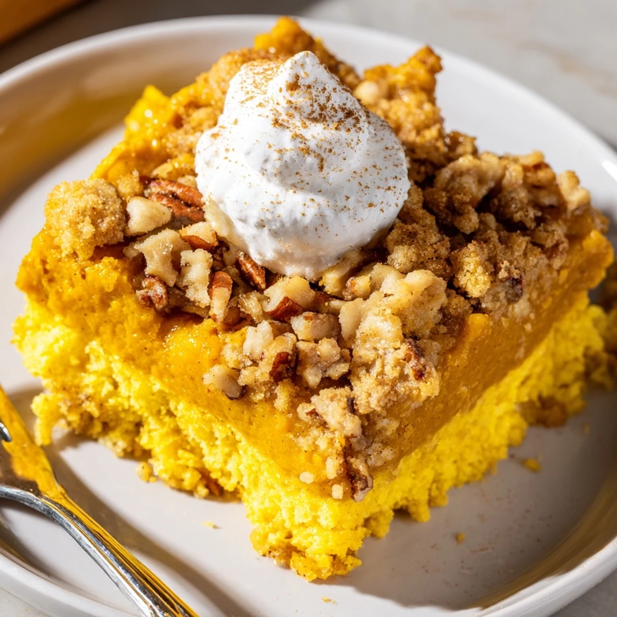 Sliced Pumpkin Dump Cake on plate, buttery crumbs and rich pumpkin aroma