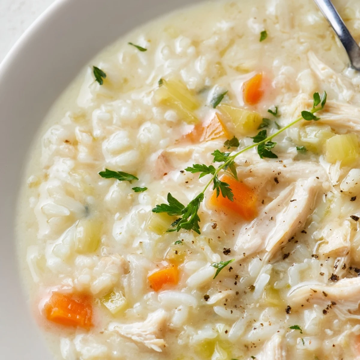 Bowl of Creamy Chicken Rice Soup steaming, tender chicken and carrots  