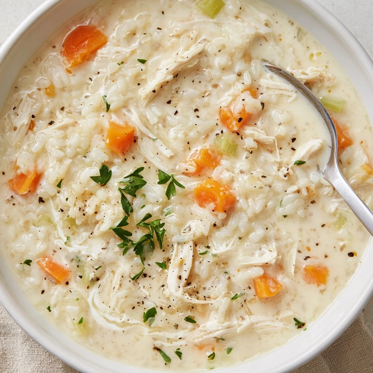 Velvety Creamy Chicken Rice Soup garnished with parsley, served hot in bowl