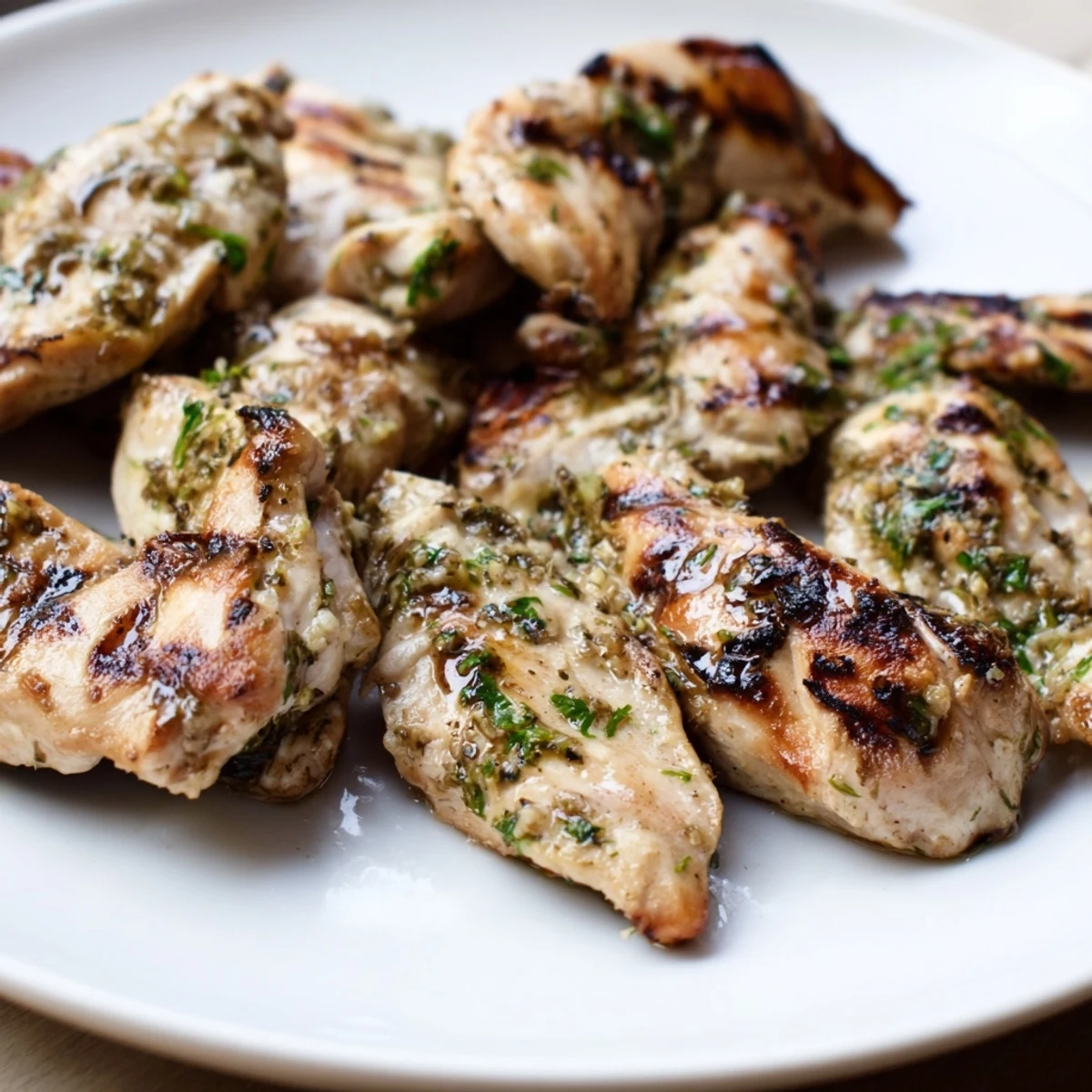 Juicy grilled chicken breasts with perfect char marks served with fresh lemon wedges and parsley