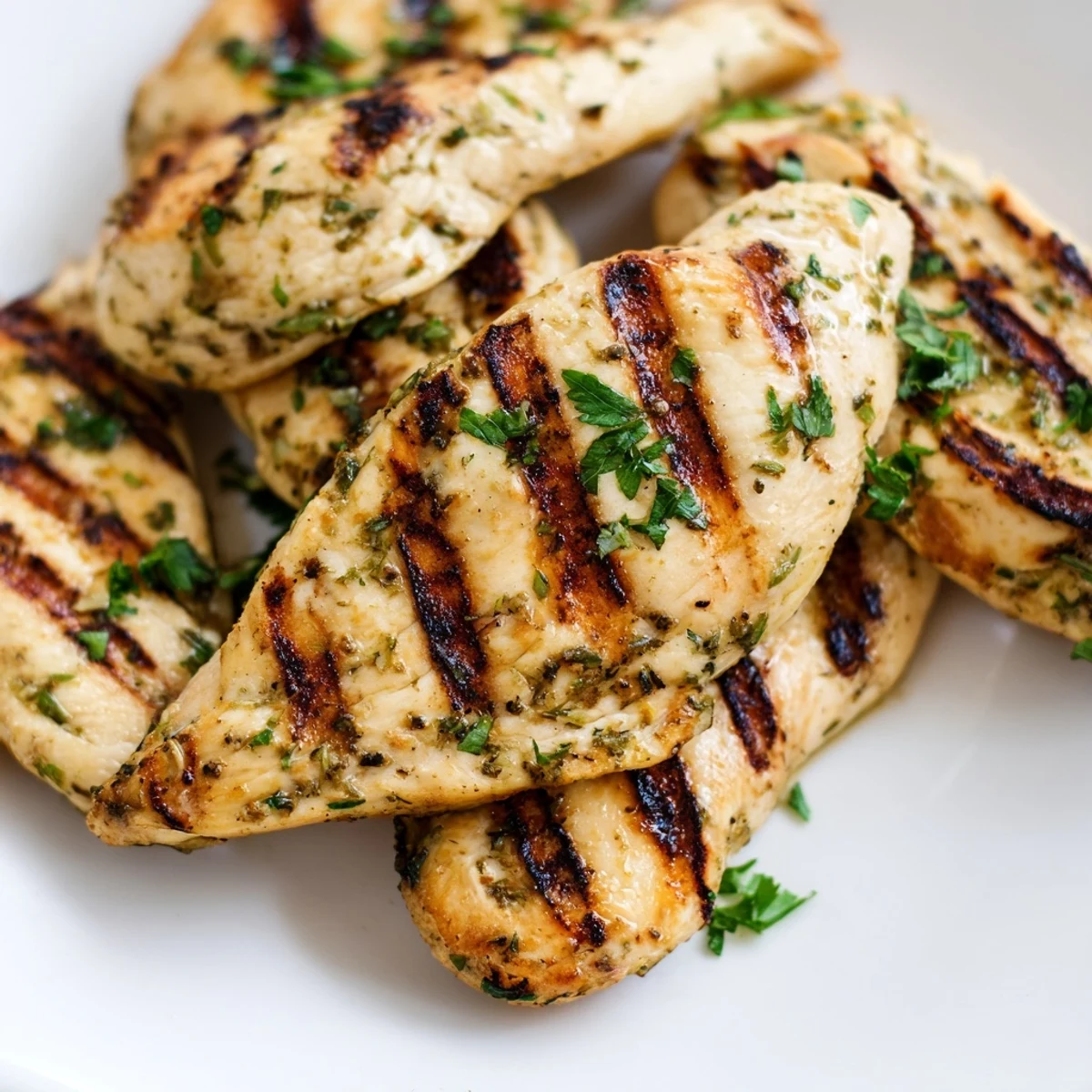 Golden herb-marinated grilled chicken recipe resting on a white plate with grilled vegetables