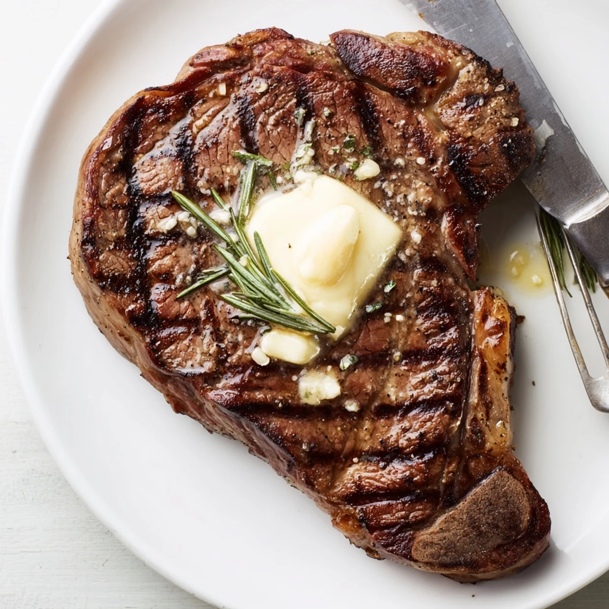Golden-brown grilled steak with perfect char marks resting on a wooden cutting board