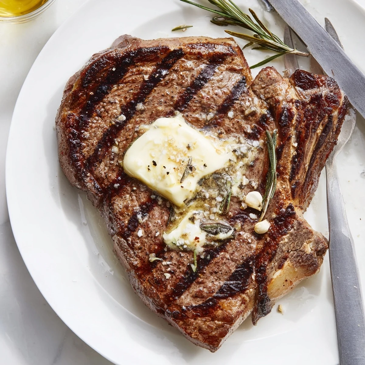 Perfectly medium-rare grilled steak served with roasted vegetables on a white dinner plate