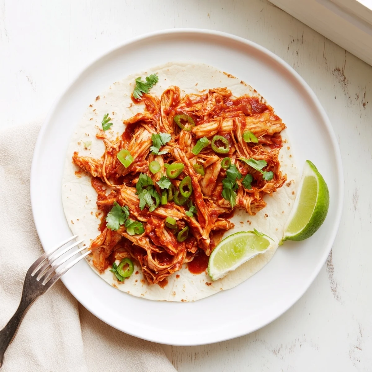 Golden shredded slow cooker chicken tacos piled high with fresh colorful toppings and zesty lime