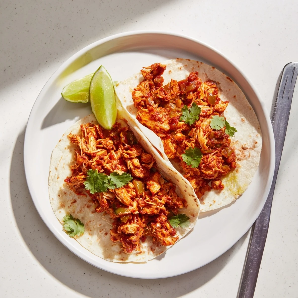 Heaping plate of slow cooker chicken tacos topped with shredded lettuce avocado cheese and cilantro