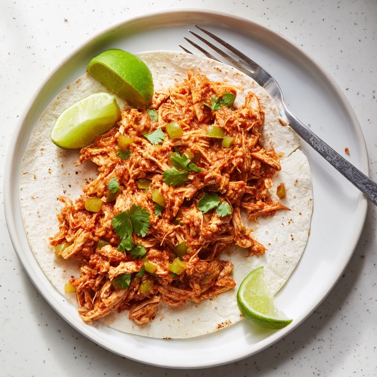 Tender Mexican-spiced chicken from slow cooker served in warm corn tortillas with vibrant garnishes