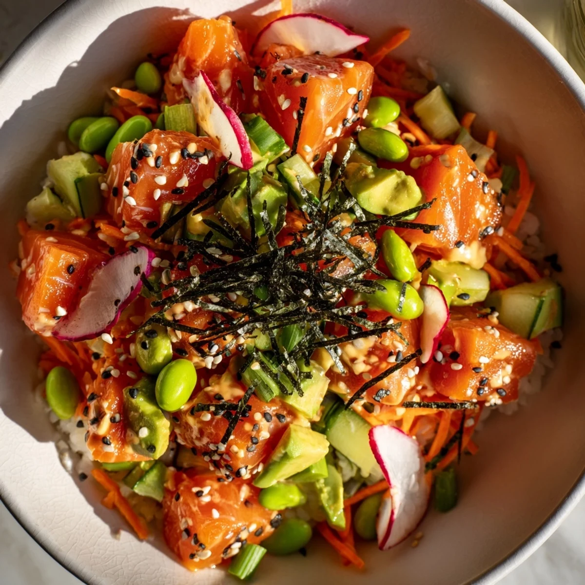 Healthy salmon and avocado poke bowl served with edamame, cucumber, and spicy mayo drizzle.