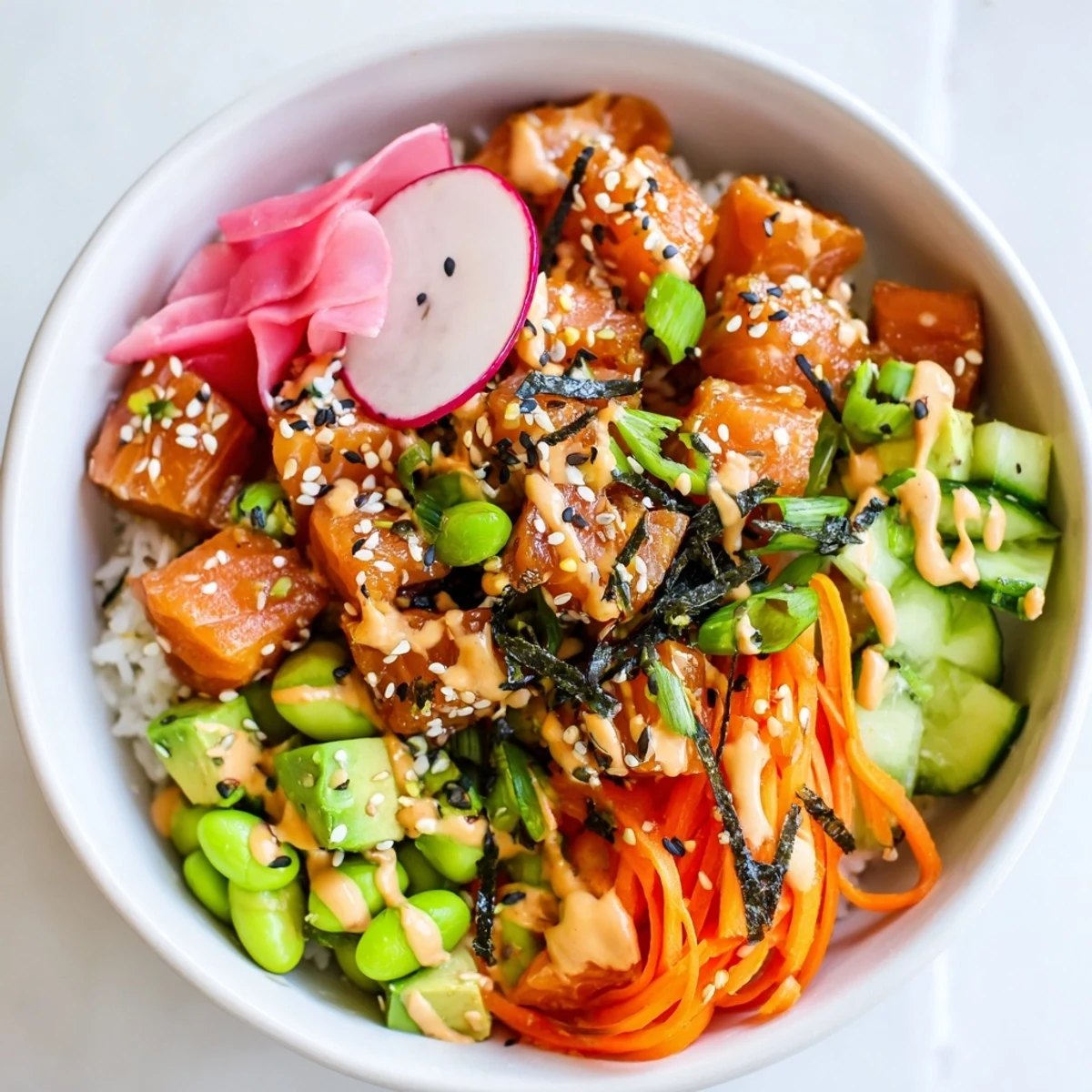 Colorful Hawaiian-style salmon and avocado poke bowl arranged with crisp toppings and sesame seed garnish.
