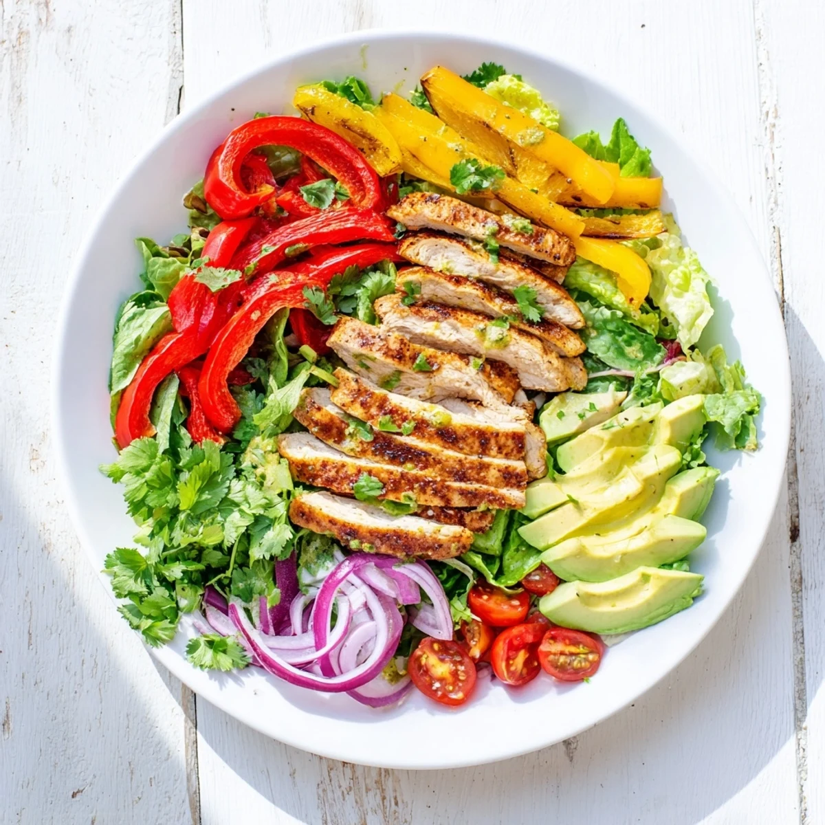 Sliced fajita-spiced chicken arranged over crisp greens with bell peppers and zesty lime dressing