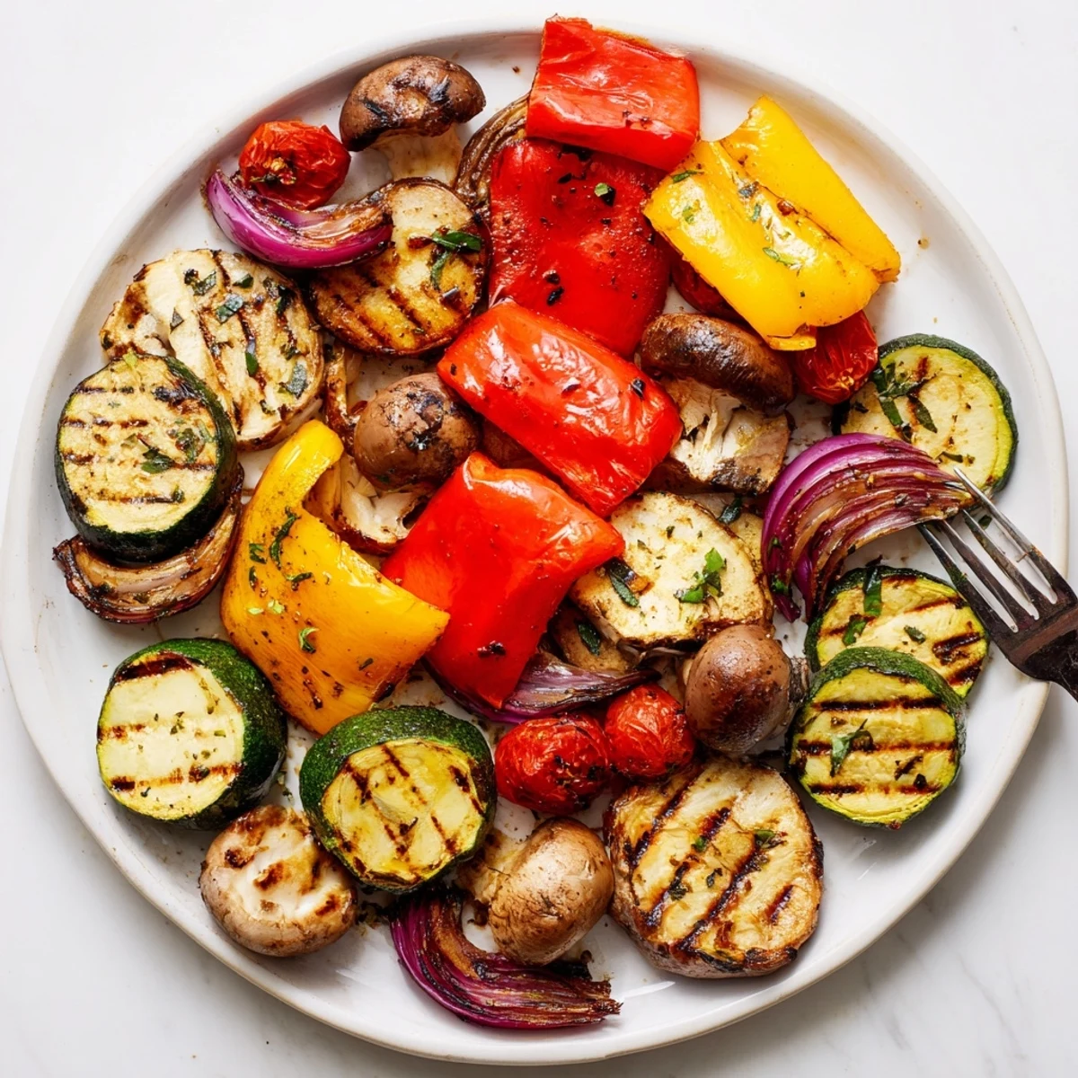 Colorful BBQ grilled vegetables marinated in herb dressing charred to tender perfection on grill grates
