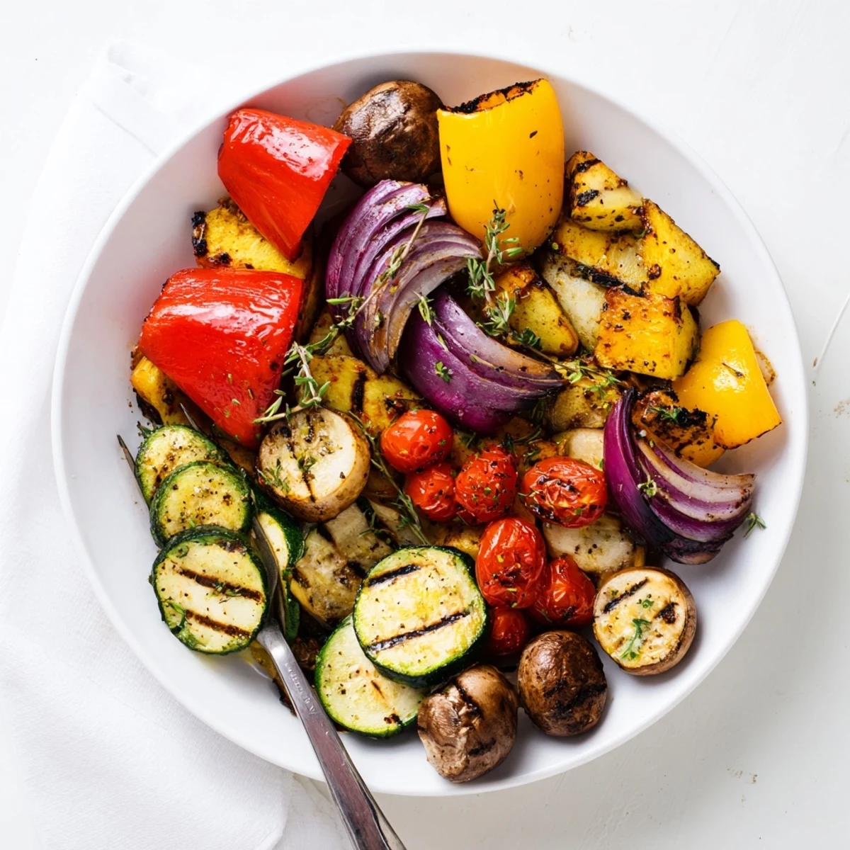 Vibrant assortment of fresh bell peppers zucchini and eggplant grilled with smoky charred edges
