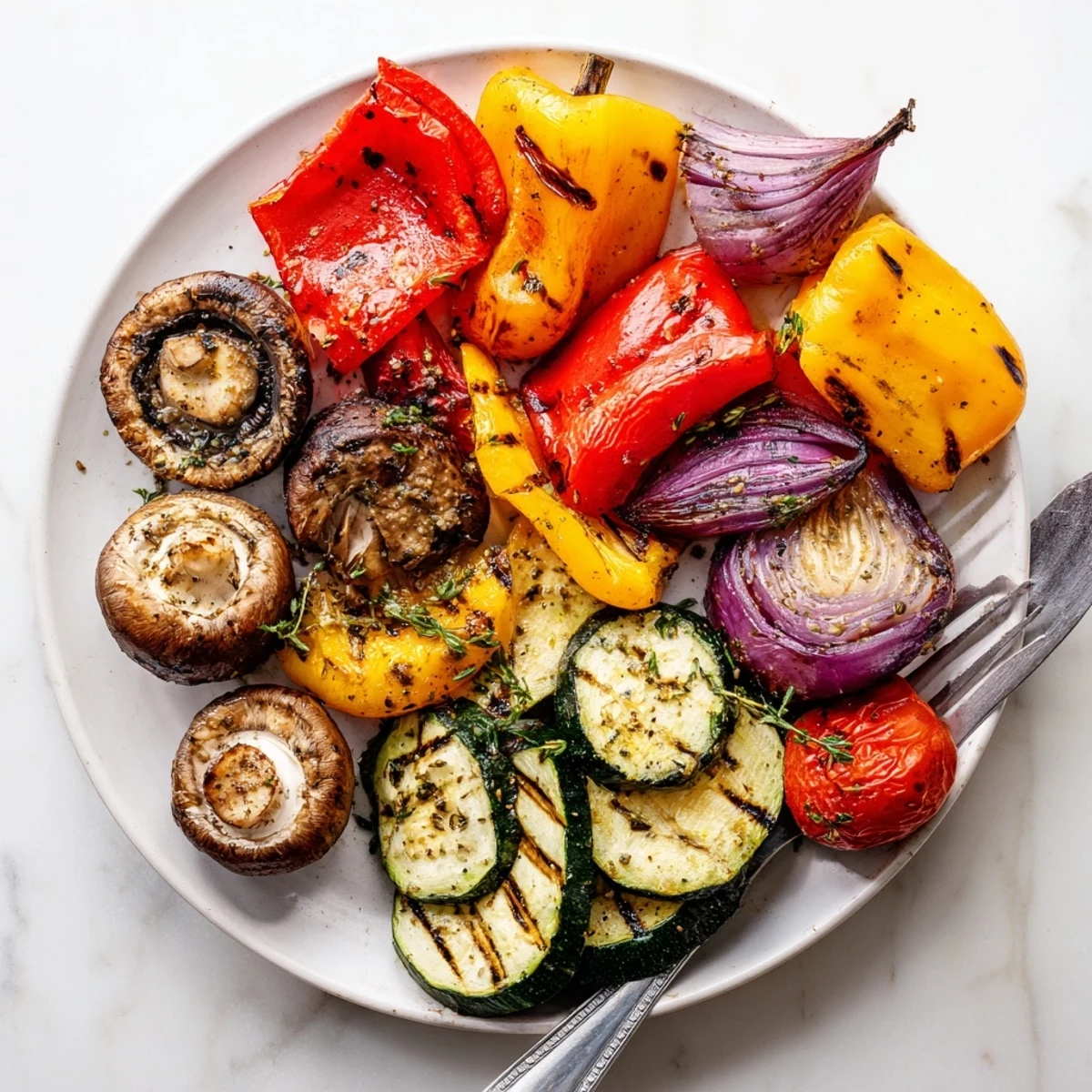 Summer BBQ grilled vegetables recipe featuring colorful marinated veggies hot off the grill