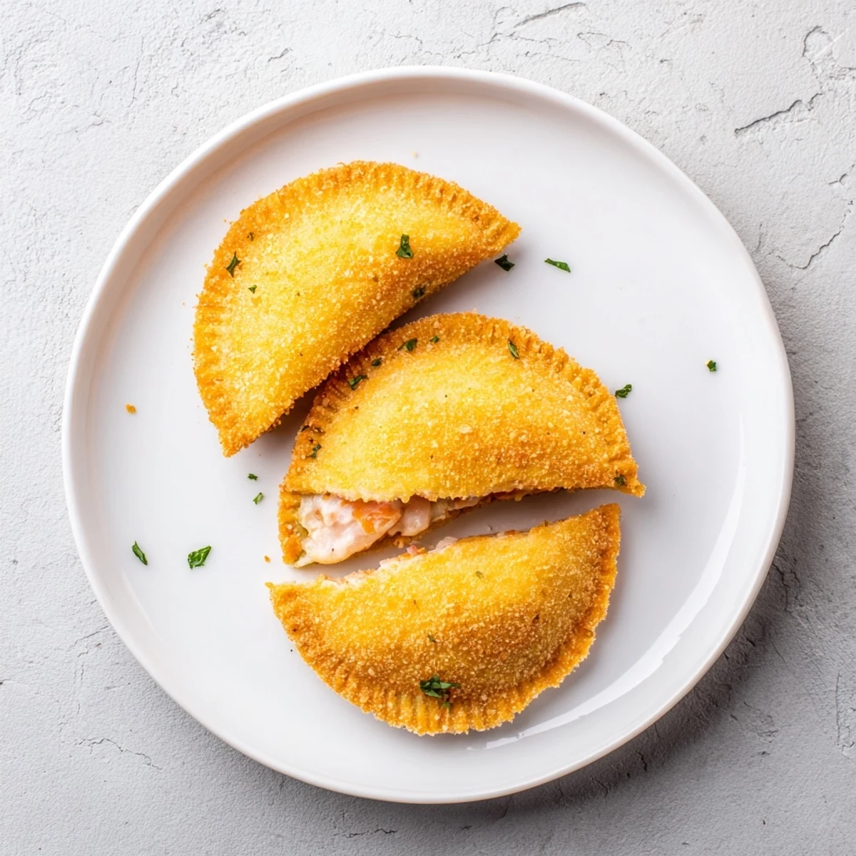 Plate of Portuguese shrimp rissois served warm with lemon wedges and light dipping sauce