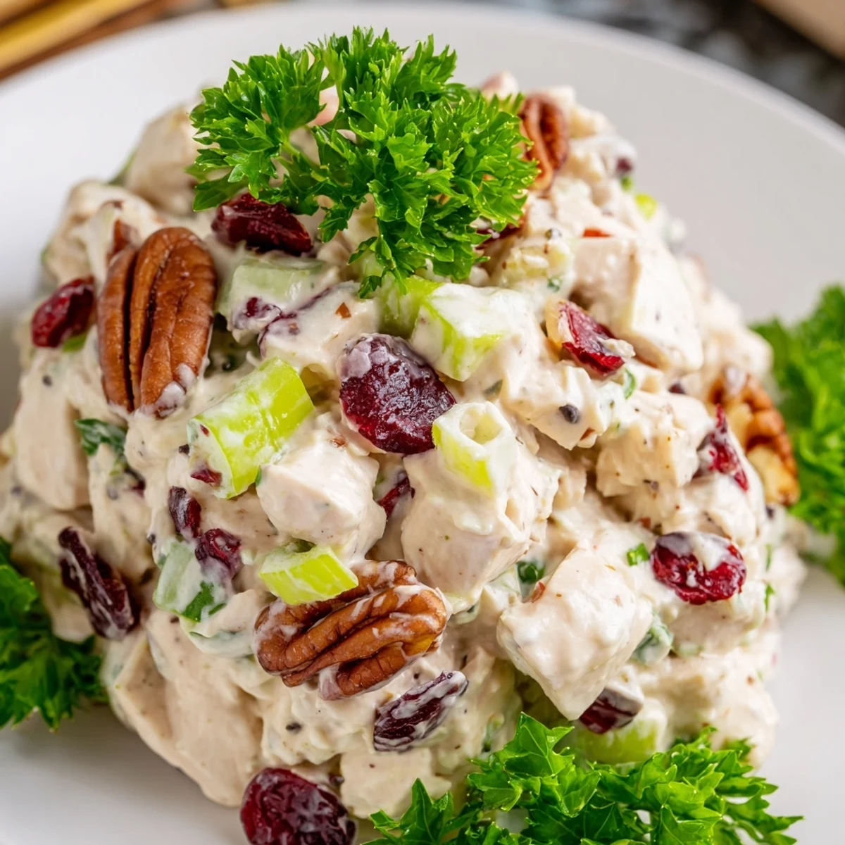 Creamy cranberry pecan chicken salad served in a white bowl with toasted pecan pieces scattered on top