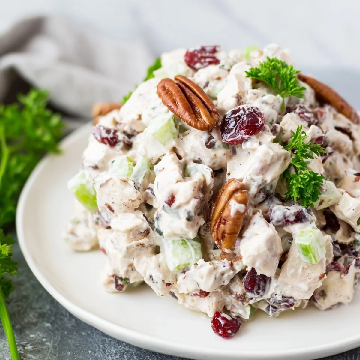 Close-up of cranberry pecan chicken salad showcasing red dried berries, crunchy nuts, and tender diced chicken