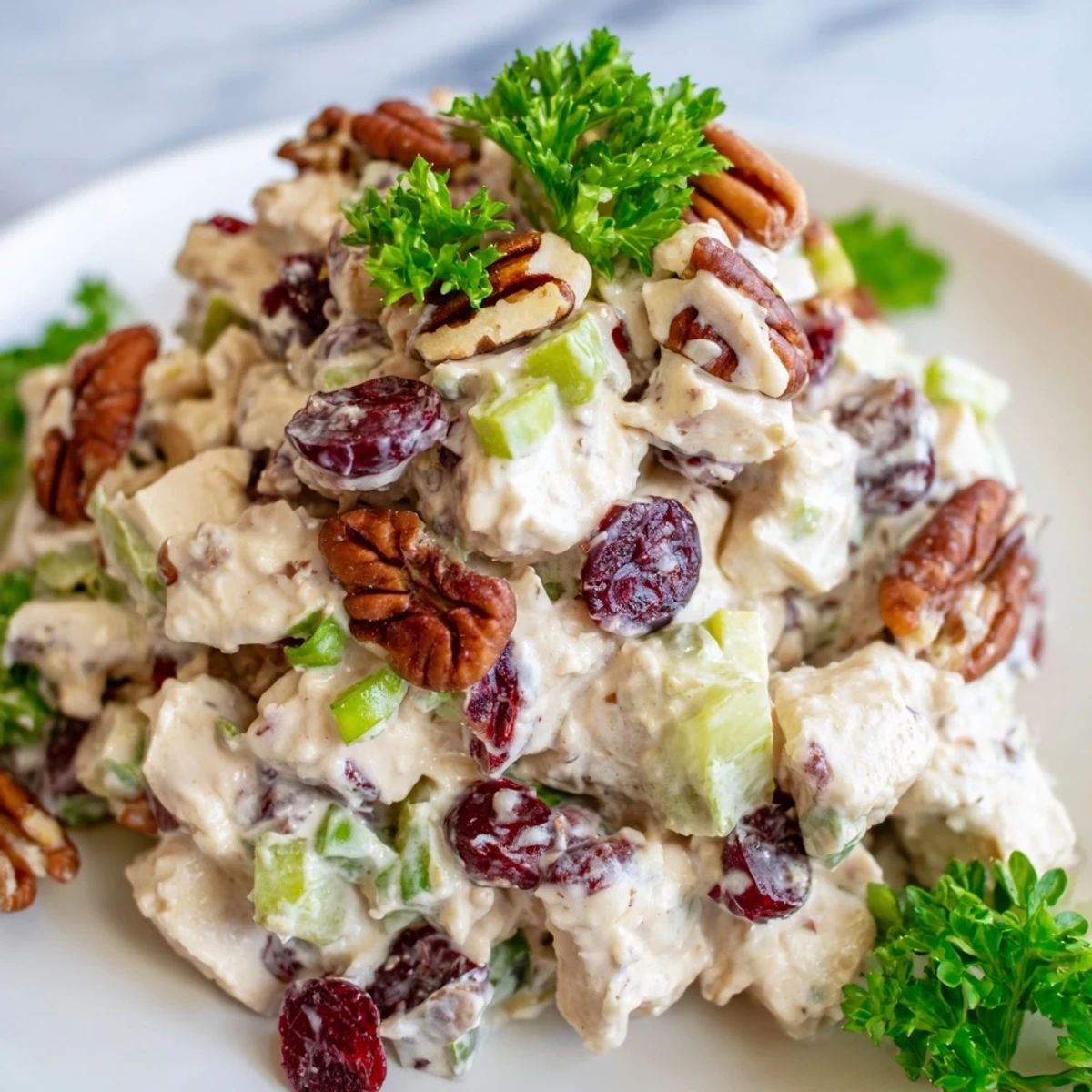 Homemade cranberry pecan chicken salad plated on fresh lettuce leaves with parsley garnish and visible creamy dressing