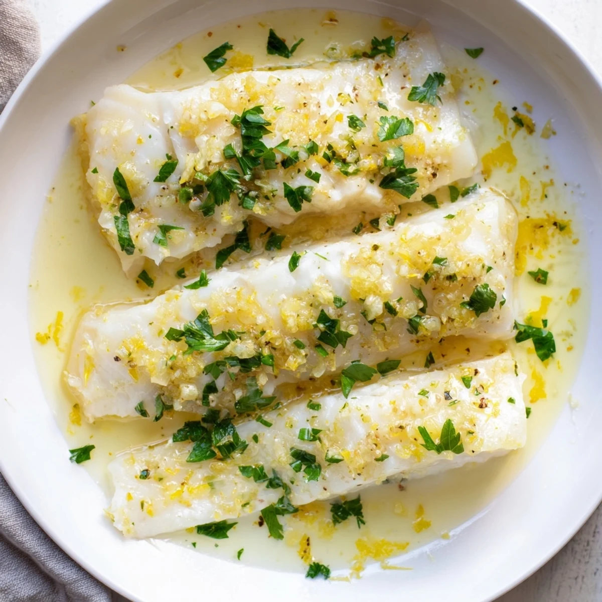 Flaky white lemon garlic butter cod served on a white plate with bright lemon wedges