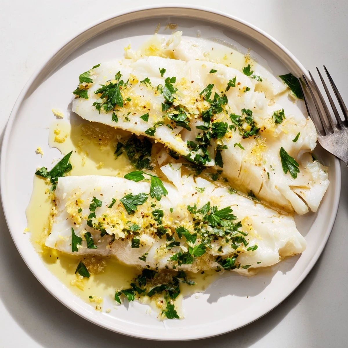 Golden pan-seared cod fillets swimming in a creamy lemon garlic butter sauce with fresh parsley garnish