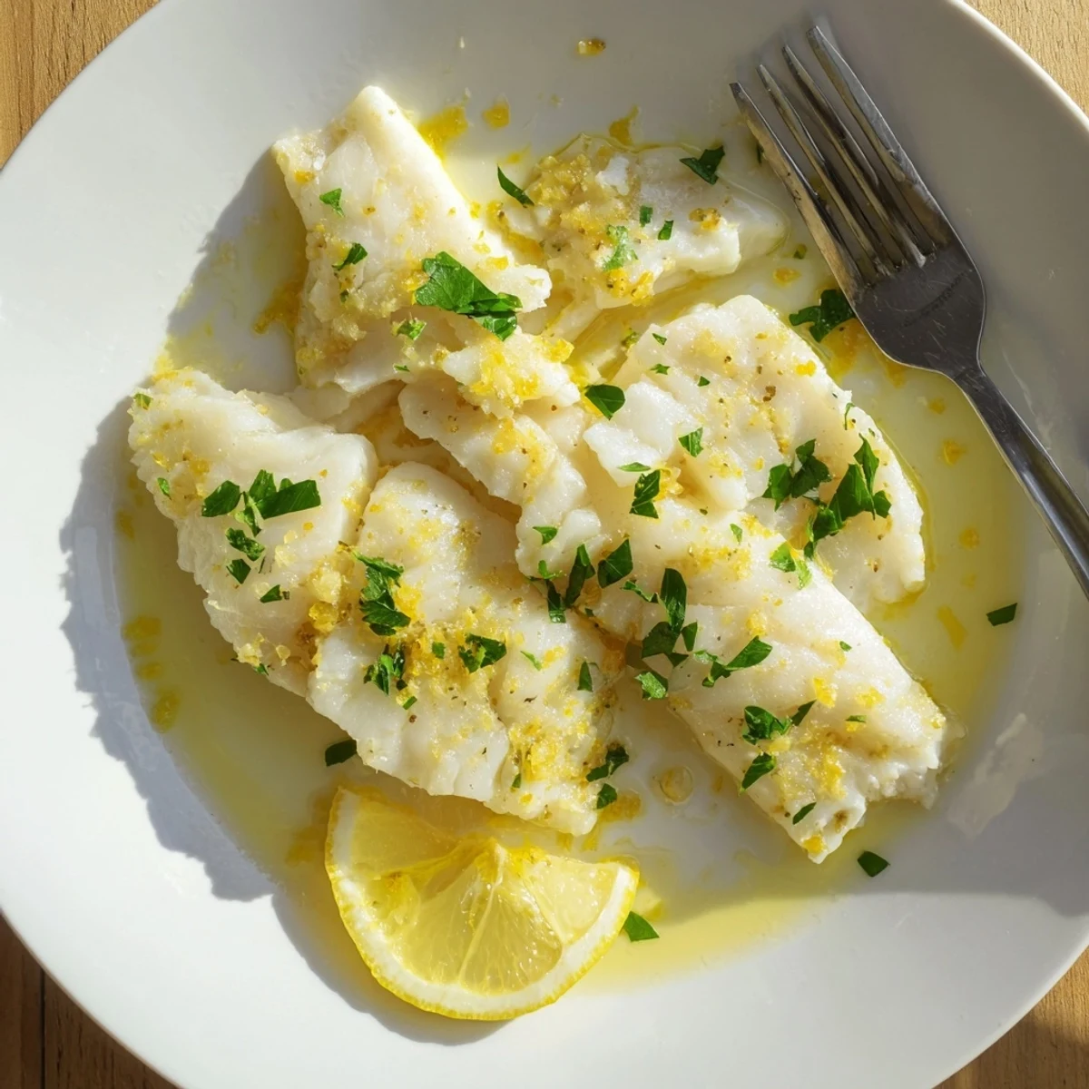 Succulent baked cod fillets topped with melted butter, garlic, and lemon zest on a rustic wooden board