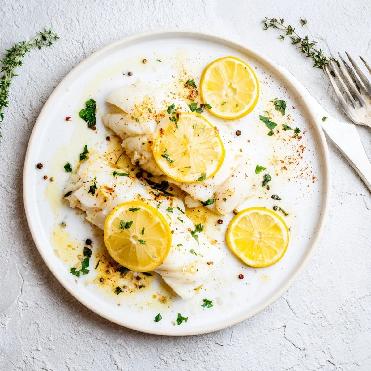 Golden baked cod fillets topped with fresh herbs and lemon slices on a white baking dish