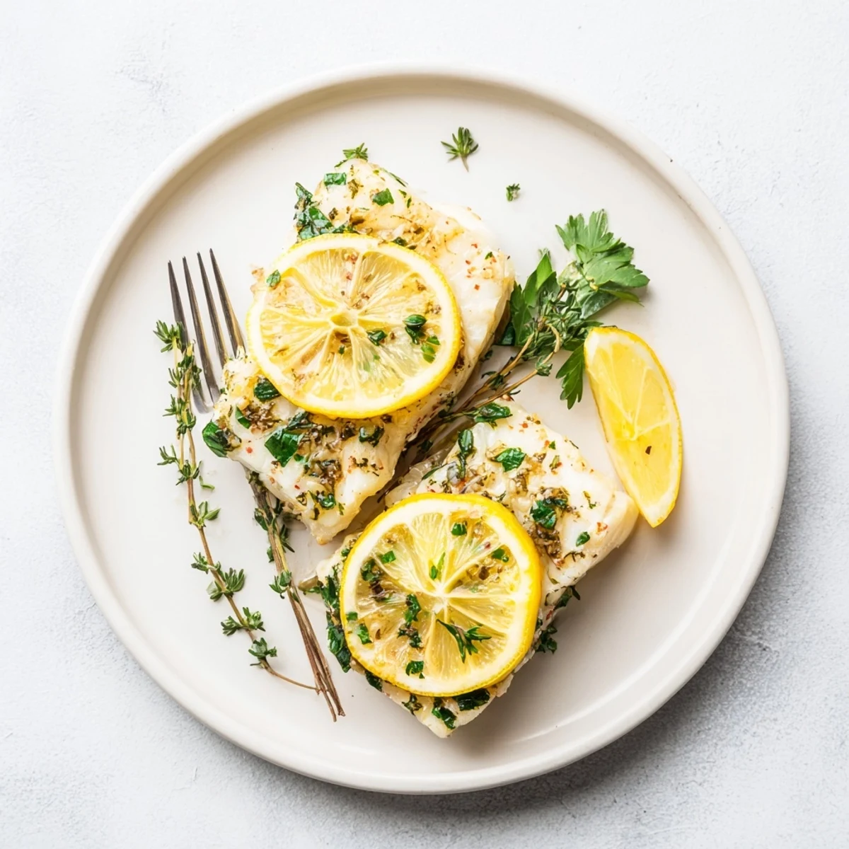 Tender lemon garlic baked cod flakes apart easily with colorful parsley and thyme garnish