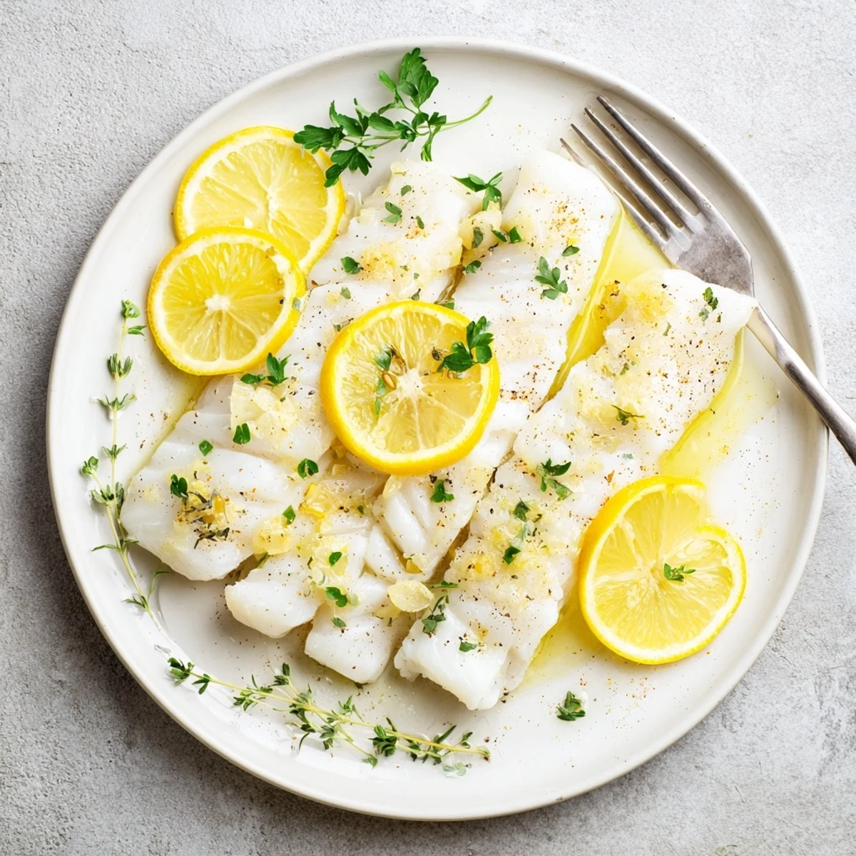Healthy baked cod with crispy golden edges arranged on parchment with fresh lemon wheels