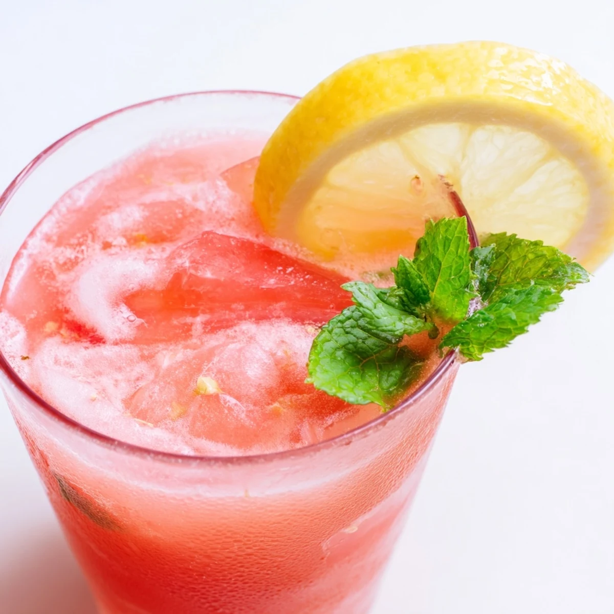 Glass pitcher filled with vibrant pink watermelon lemonade garnished with fresh lemon slices and mint sprigs