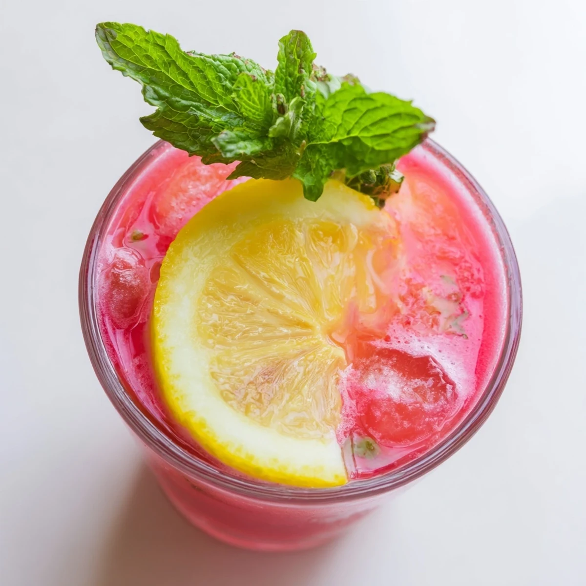 Refreshing watermelon lemonade served over ice in a mason jar with lemon wheel on the rim